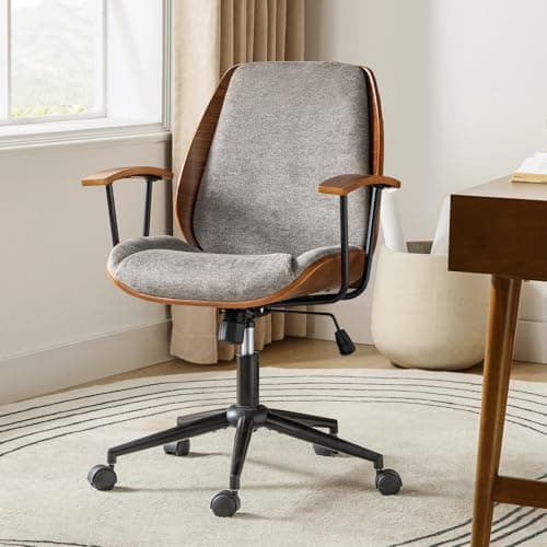 HULALA HOME Solid Wood Office Chair with Rocking Function, Comfy Fabric Desk Chair with Bent Wood and Metal Base, Height Adjustable Swivel Computer Task Chair, Tan