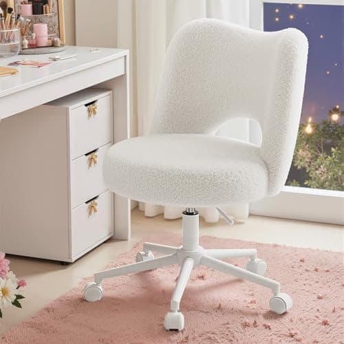 DurayLoly Vanity Chair with Wheels Armless, White Vanity Chair with Back,Ultra-Plush Fleece Cute Desk Chair, Small Office Chair Height Adjustable,for Make-up Room,Bedroom