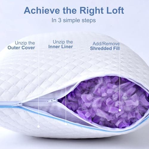 Friendriver Shredded Memory Foam Pillows for Sleeping 2 Pack - Cooling Bed Pillows Standard Size Set of 2 - Firm Pillow for Side and Back Sleepers Adjustable Gel Pillow with Removable Cover 5