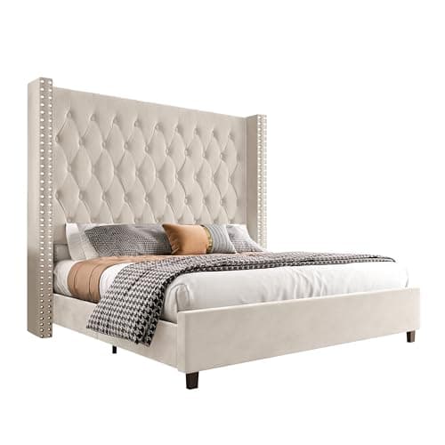 PaPaJet Queen Bed Frame Velvet Upholstered Bed with Deep Button Tufted/No Box Spring Needed/Easy Assembly/White 8