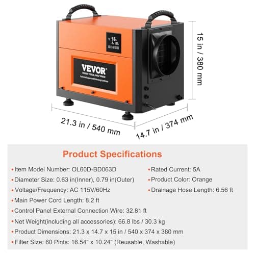 VEVOR 125 Pints Commercial Dehumidifier with Drain Hose for Crawl Spaces, Basements Warehouse & Job Sites, Large Capacity Dehumidifier for Water Damage Restoration, Auto Defrost, CSA Listed 7