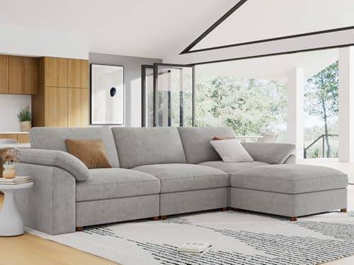 EASE MOOSE Oversized L Shape Sectional Modular Sofa,Wide Deep seat Sectional Sofa,FSC Certified Comfortable Chenille Grey Cloud Modular Sofa