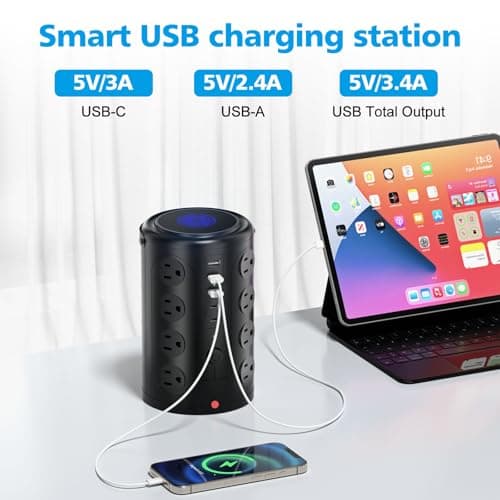 Tower Power Strip Surge Protector with 16 Outlets and 5 USB Ports (2 USB-C), 6FT Extension Cord with Multiple Outlets,Heavy Duty Charging Station,Home Office Dorm Room Essentials. No Wireless Charging 5