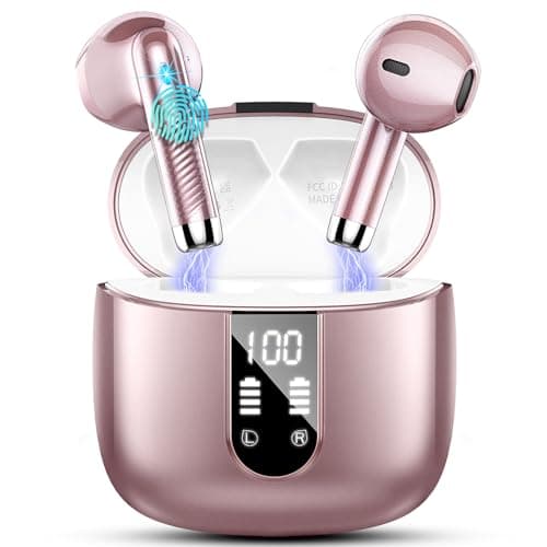 Wireless Earbuds, Bluetooth Headphones 5.4 with ENC Noise Cancelling Mic, 40H Bluetooth Ear buds Stereo Bass with LED Display Charging Case, IP7 Waterproof Wireless Earphones for Android/iOS, Rosegold