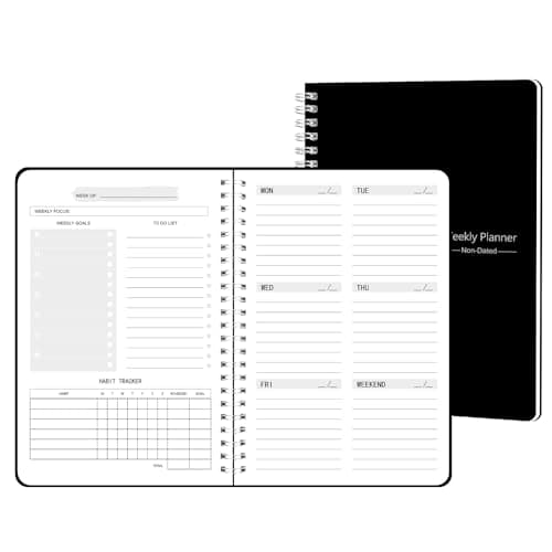 TREES Undated Weekly Planner, Weekly To Do List Notebook with Goal & Habit Tracker Organizer, A5 5.8"" x 8.0"" Weekly Planner Notebook with Spiral Binding for Men or Women, Black