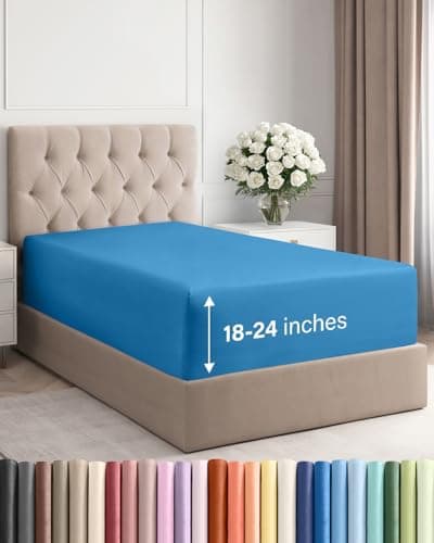 Extra Deep Twin Fitted Sheet - Hotel Luxury Single Fitted Sheet Only - Easily Fits 18 inch to 24 inch Mattress - Ultra Soft, Wrinkle & Fade Free w/Extra Deep Pockets - Breathable & Comfy - Denim Blue