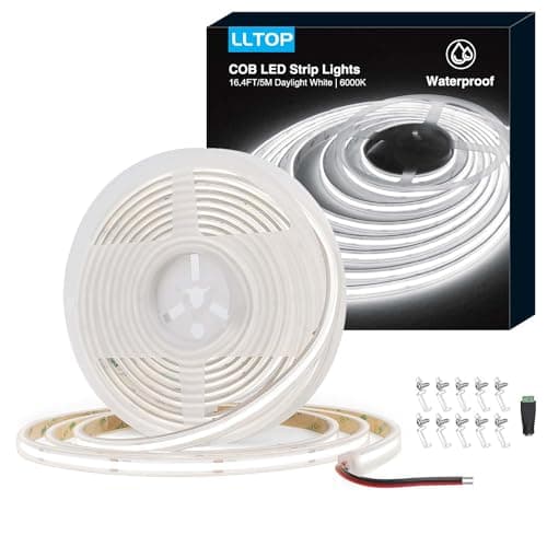 LLTOP COB LED Strip Lights Waterproof IP67 DC24v Daylight White 6000K 16.4ft/5m High CRI 92Ra+ Outdoor LED Tape Lighting DIY Cuttable for Bedroom Kitchen Cabinet Shelf (Power Supply Not Included)