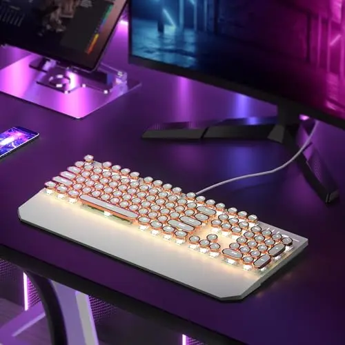 Camiysn Typewriter Style Mechanical Gaming Keyboard, Green Retro Punk Gaming Keyboard with White Backlit, 104 Keys Blue Switch Wired Cute Keyboards, Round Keycaps for Windows/Mac/PC 7