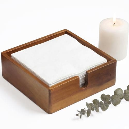 Acacia Lunch Napkin Holder 7.8 x 7.8 inches for Dining Table and Kitchen – Napkin Dispenser Made from Brown Acacia Wood – Premium Quality Feel for Dessert Beverage Party Dinner Luncheon Bar Table