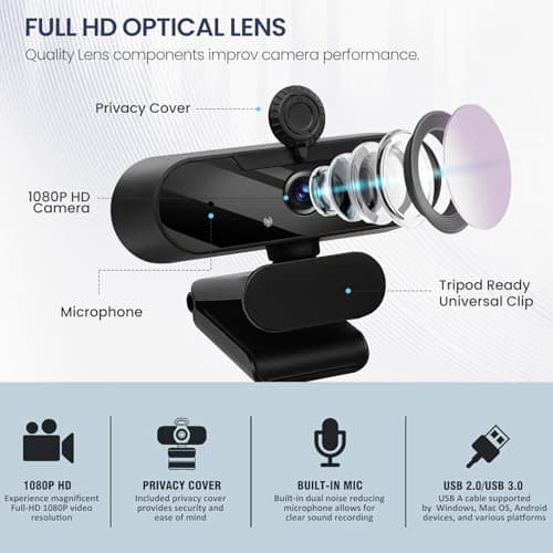 MTORED Full HD 1080P Webcam with Built-in Microphone, Rotatable Tripod 3