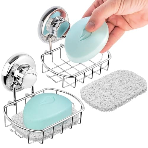 HASKO 2-Pack Suction Cup Soap Holder – Bar Soap Dish for Shower with Hooks for Bathroom – Optional Mounting with Adhesive Tape – Includes 2 Soap Savers – Polished Stainless Steel SS304