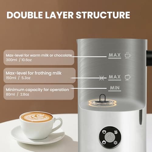 Milk Frother, 4-in-1 Milk Frother and Steamer, 10.6oz Electric Milk Steamer, Automatic Cold and Hot Foam maker for Lattes, Cappuccinos, Ceramic Lining Interior (Polished) 6
