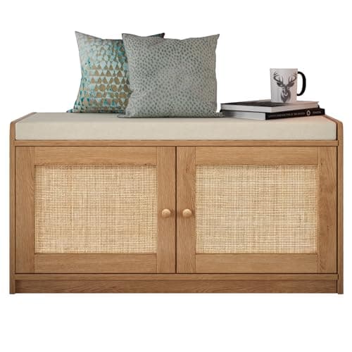 Wooden Shoe Storage Bench Organizer with Cushioned Seat & Adjustable Shelves for Entryway, Hallway, Living Room, or Bedroom, Rattan