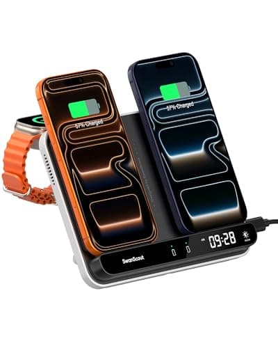 Dual Phone Charger, SwanScout 710A, Wireless Charger for iPhone 17/16/15/14/13/12/11/8/X Series, for Apple Watch 11/10/9/8/7/6, Ultra 3/SE 3, for AirPods Pro 3/4/Pro 2/Pro/3