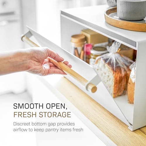 YAMAZAKI Home Modern Bread Box – Steel + Wood Countertop Bread Storage Container, Large White Bread Box for Kitchen Countertop, Space-Saving Bread Keeper, Easy Access Lid 6