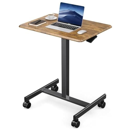DUMOS Small Standing Desk Mobile Portable Rolling Laptop PC Table on Wheels Adjustable Height Computer Workstation for Home Office, 19 Inch, Brown