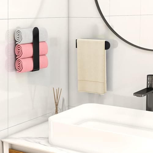 Hand Towel Holder, Self Adhesive Towel Racks for Bathroom Wall Mounted, 8 Inch Square Hand Towel Bar Stick on Wall for Kitchen Cabinet RV, Black (2 Pack) 6
