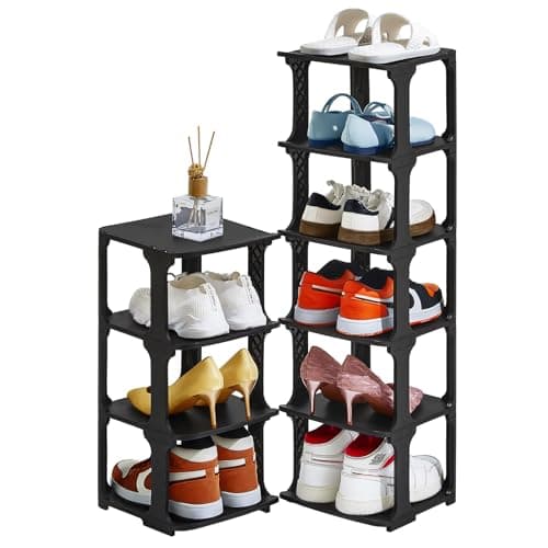 HHK HenHaoKan 5 Tiers Shoe Rack Organizer for Closet Shoe Holder Storage Narrow Plastic Vertical, Free Standing Shoe Rack Shelf for Entryway Stackable Stability DIY, Black
