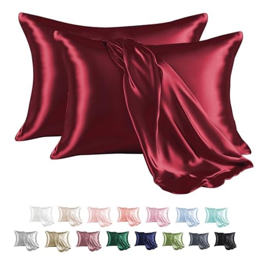 MR&HM Satin Pillowcase for Hair and Skin, Silk Satin Pillowcase 2 Pack, Queen Size Pillow Cases Set of 2, Silky Pillow Cover with Envelope Closure (20x30, Burgundy)