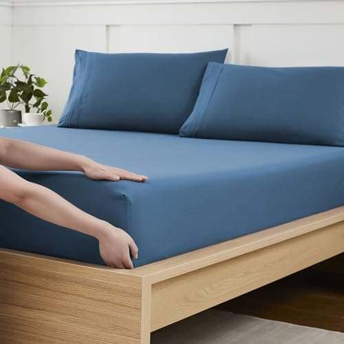 Full Size Fitted Sheet Only with Full Elastic & Built in Corner Sheet Straps to Prevent Shifting - Soft & Breathable Brushed Microfiber Bottom Sheet, Denim Blue