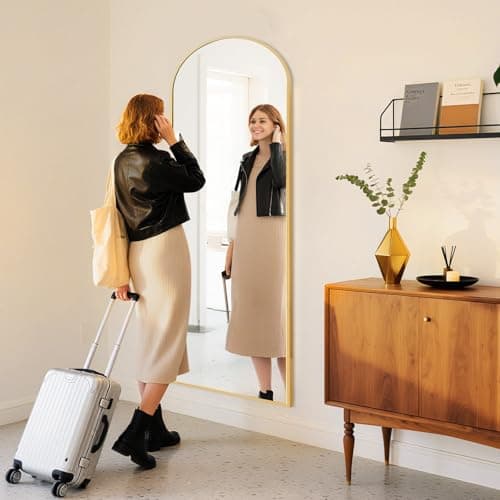 Sweetcrispy 64.3"x21" Arched Full Length Mirror, Standing or Leaning Full Body Mirror with Aluminum Alloy Thin Frame, Suitable for Bedroom or Cloakroom,Gold 6