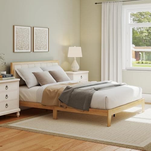 HOMCOM Queen Size Bed Frame with Upholstered Headboard, Platform Bed Frame with Wooden Slats, No Box Spring Needed, Easy Assembly, Natural 7