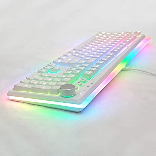 i-rocks K71M RGB Mechanical Gaming Keyboard with Media Control Knob, Switches (Red), 107 Keys w/Full NKRO, PBT Keycaps, Multimedia Hotkeys, Detachable USB-C Cable and Onboard Storage, White 5