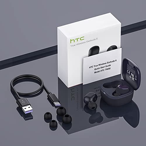 HTC True Wireless Earbuds 6 Bluetooth 5.3 in Ear Stereo Headphones Touch Control with Built-in Microphone, Wireless Noise Cancelling Earbuds 22H Playtime with Charging Case for Android and iOS- Black 7