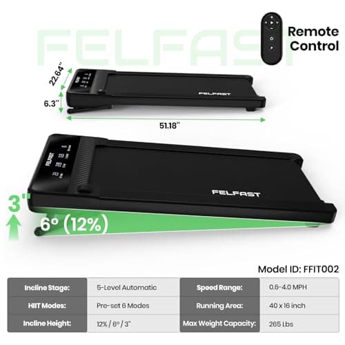 FelFast Walking Pad with 12% 6° Auto Incline, Under Desk Treadmill for Home Office w/Remote Control, 6 HIIT Mode, 265 Lbs Weight Capacity, 4 MPH Max, Desk Treadmill in LED Display, Black 9