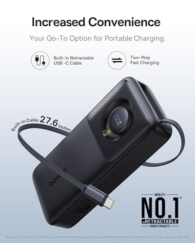 Baseus 65W Power Bank 20000mAh, Laptop Portable Charger Built-in Retractable USB C Cable, Fast Charging Battery Pack for Steam Deck, MacBook Pro, iPad, iPhone 16/15 Series, Samsung S23 S22 (Black) 9
