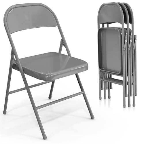 VINGLI Folding Chairs All Steel Metal Frame, Capacity 350 lbs, Durable Portable and Versatile for Indoor Outdoor Use, Gray, Set of 4