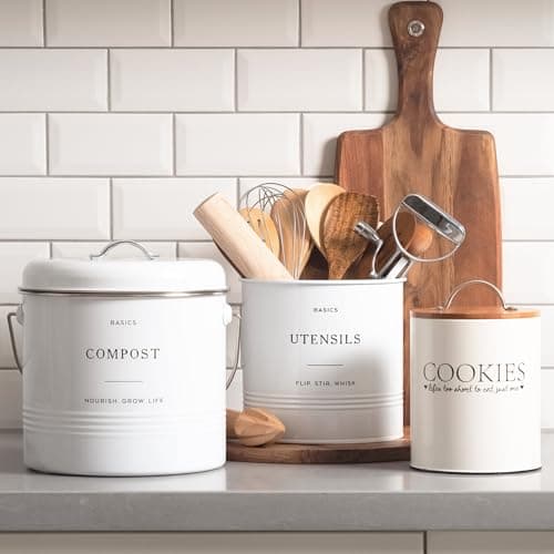 D'Lifeful Kitchen Utensil Holder for Countertop - 7" x 7" Large Utensil Holder for Kitchen Counter - Farmhouse Spatula & Cooking Tools Organizer - White Metal Crock for Modern Aesthetics 6