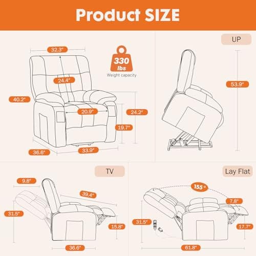 Sweetcrispy Power Lift Recliner Chair with Vibration Massage and Heat for Adults, Ergonomic Overstuffed Breathable Fabric Reclining Chair with Side Pockets, Remote Control, Living Room, Bedroom, Grey 7