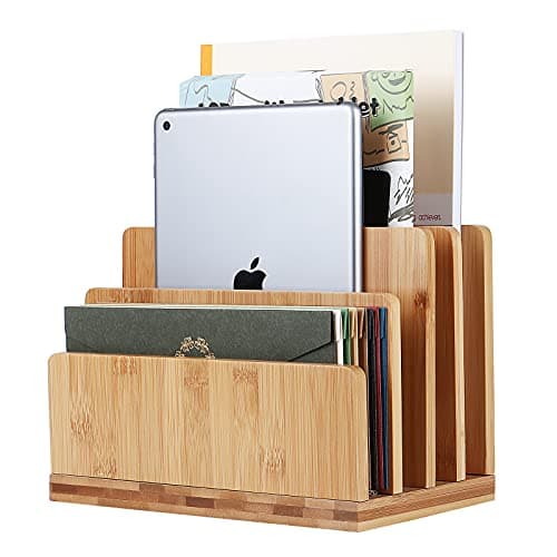 Stahala 100% Bamboo Desk File Organizer Countertop Mail Sort,4 Slots Desktop File Folder Holder Mail Organizer for Document Letter Envelope Mail Paper Folder Bill Filing…