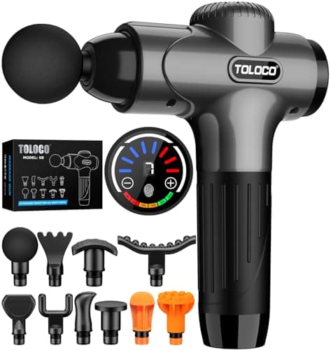 TOLOCO Massage Gun Deep Tissue, Percussion Massage Gun with 10 Replacement Heads, Super Quiet Portable Electric Massager for Athletes, Relax, Gray