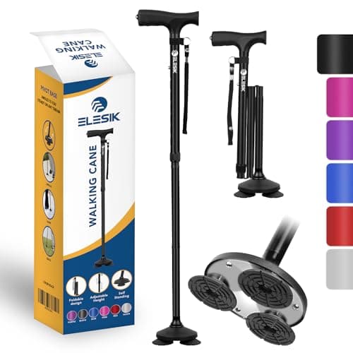 ELESIK Walking Cane - Folding Canes for Women for Stability, Adjustable Canes for Seniors Women Balance, Canes for Men Heavy Duty with T Handle & Pivot Base Design, Walking Stick with Nylon Strap
