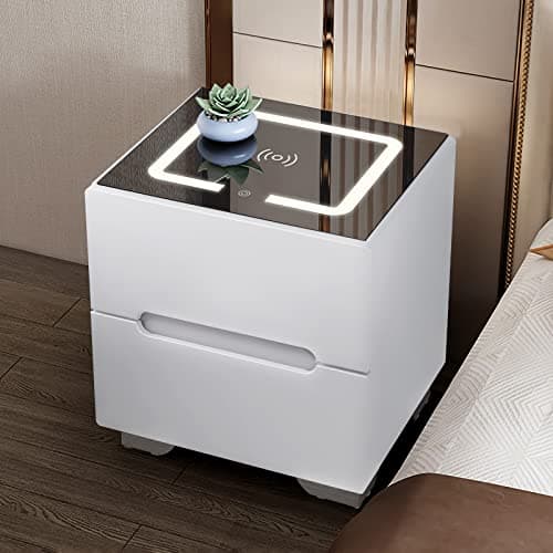 CLIPOP Nightstands Wireless Charging Station and LED Lights, Smart Bedside Table with 3 Color LED Lights, 2 Drawers, Tempered Glass Top, Storage Cabinet for Living Room Bedroom (White, 2 Drawers)