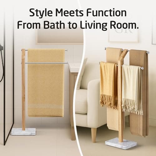 KES Width Adjustable Free Standing Towel Rack with 3X Thicker Weighted Natural Marble Base, 2-Tier Wooden Towel Rack Stand for Bathroom Floor, 18/8 Stainless Steel, Brushed Finish, BTH800-2 8