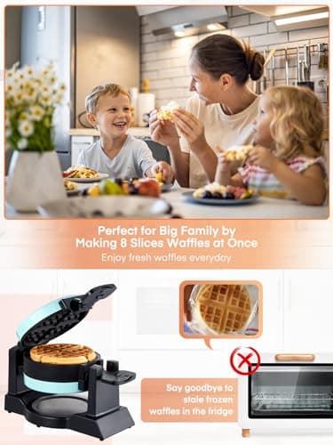Waffle Maker, 1400W Double Belgian Waffle Iron 180° Flip, 8 Slices in 3 Mins, Rotating & Nonstick Plates, Anti-Scald, Removable Drip Tray Easy to Clean, Cool Touch Handle, Space-Saving (Mint Blue) 9