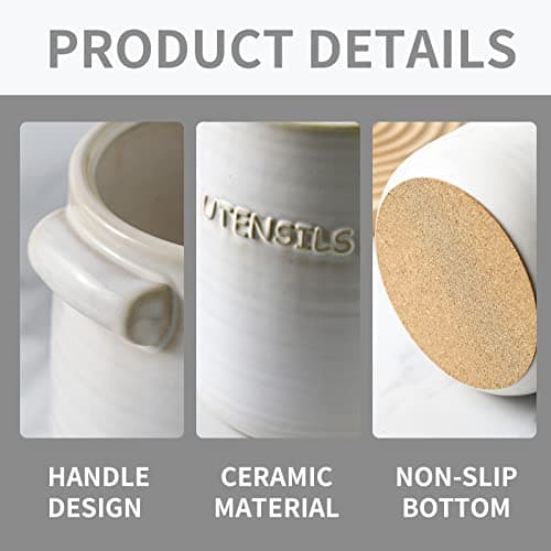 BETTWILL Kitchen Utensil Holder,White Ceramic Utensil Holder,Large Ceramic Utensil Holder Crock for Kitchen Counter, Large Stable Utensil Crock, Farmhouse Cooking Utensil Holder. 6