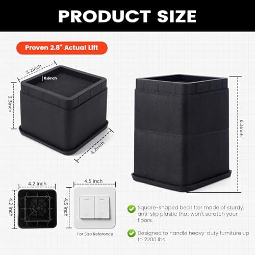 BTSD-home Adjustable Bed Risers 3 or 6 Inch - Heavy Duty Furniture Lifter Set of 4, Supports 2,200 lbs - for Under Bed Storage, Dorm, Bed Frame, Sofa, Table, Chair, Desk - Black 6