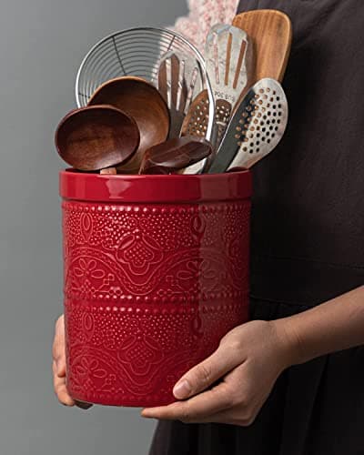 FUN ELEMENTS Kitchen Utensil Holder, 7.2" Super Large Utensil Crock Heavy and Stable Lace Emboss Ceramic Utensil Holder for Kitchen Counter (Christmas Red) 7