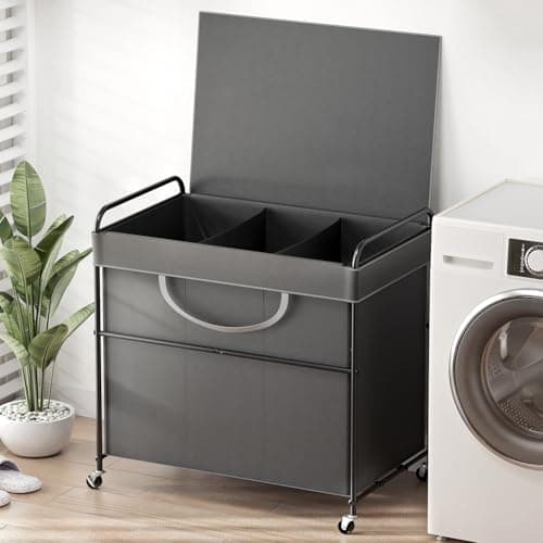 YKDIRECT 180L Large Laundry Hamper, 3 Compartment Laundry Basket with Lid, Removable Bag & Metal Structure with Industrial Wheels, Suitable for Bathroom, Dorm Room, Laundry Room (Grey, 180L)