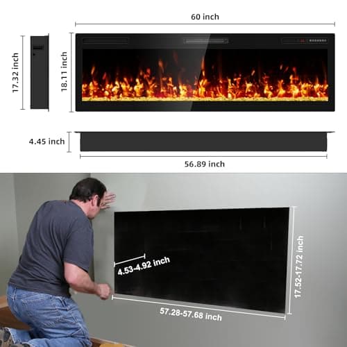 BREEZEHEAT 60" Narrow Bezel Linear Electric Fireplace - ETL Certified, Recessed/Wall Mount, HD Flame with Crystal, Remote & Touch, 750W/1500W (700 Sq.Ft), 8H Timer, Overheat Protection 6