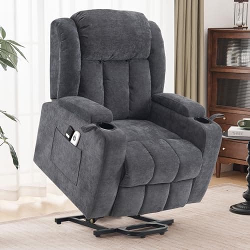 Sfxingyou Electric Power Lift Recliner Chair for Elderly with Massage and Heat, Reclining Sofa Chair with Remote Control, Infinite Position, Arm Storage and Cup Holders, Fabric 1188 (Grey)