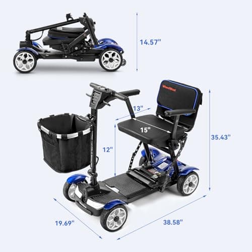 WheelWavi Lightweight Folding Mobility Scooter for Adults and Seniors, 47lbs Portable Electric Scooter with Removable 24V 270W Lithium Battery, Storage Basket & Charger (Blue) 8