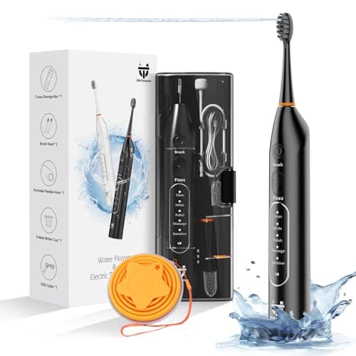 UltrTxenova Electric Toothbrush with Water Flosser 2-in-1 Water Flosser Combo with 6 Modes Compact Size Sonic Toothbrush with Case Timer 2 Brush Heads Portable for Travel and Home Black
