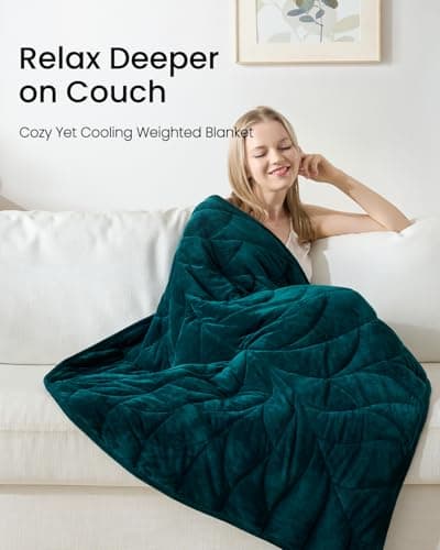 ZILLYBEE Weighted Lap Blanket 7 lbs 41"×53", Luxury Soft Small Weighted Lap Pad for Adults,Portable Travel Leaf Weighted Throw Blanket for Relaxation, All-Season Use and Machine Washable Deep Green 5
