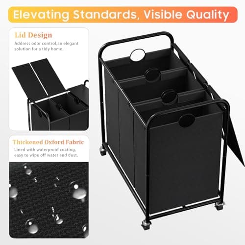 160L (42 Gal) Laundry Sorter 3 Section, Rolling Laundry Basket with Lockable Wheels and Lid, Laundry Hamper with 3 Separated Removable Bags Dirty Clothes Hamper for Laundry Room Organizer, Black 5