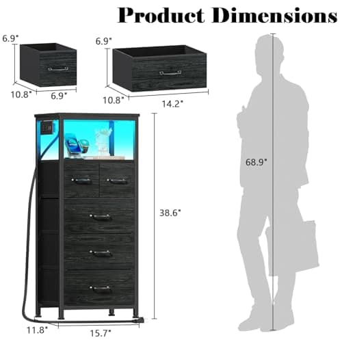 Furnulem Dresser for Bedroom, Tall Nightstand, Vertical Chest with Wood Top, Charging Station, LED Lights, 5 Fabric Bins, Bedside Table with Shelf, Furniture for Entryway (5 Drawer, Black Oak) 3